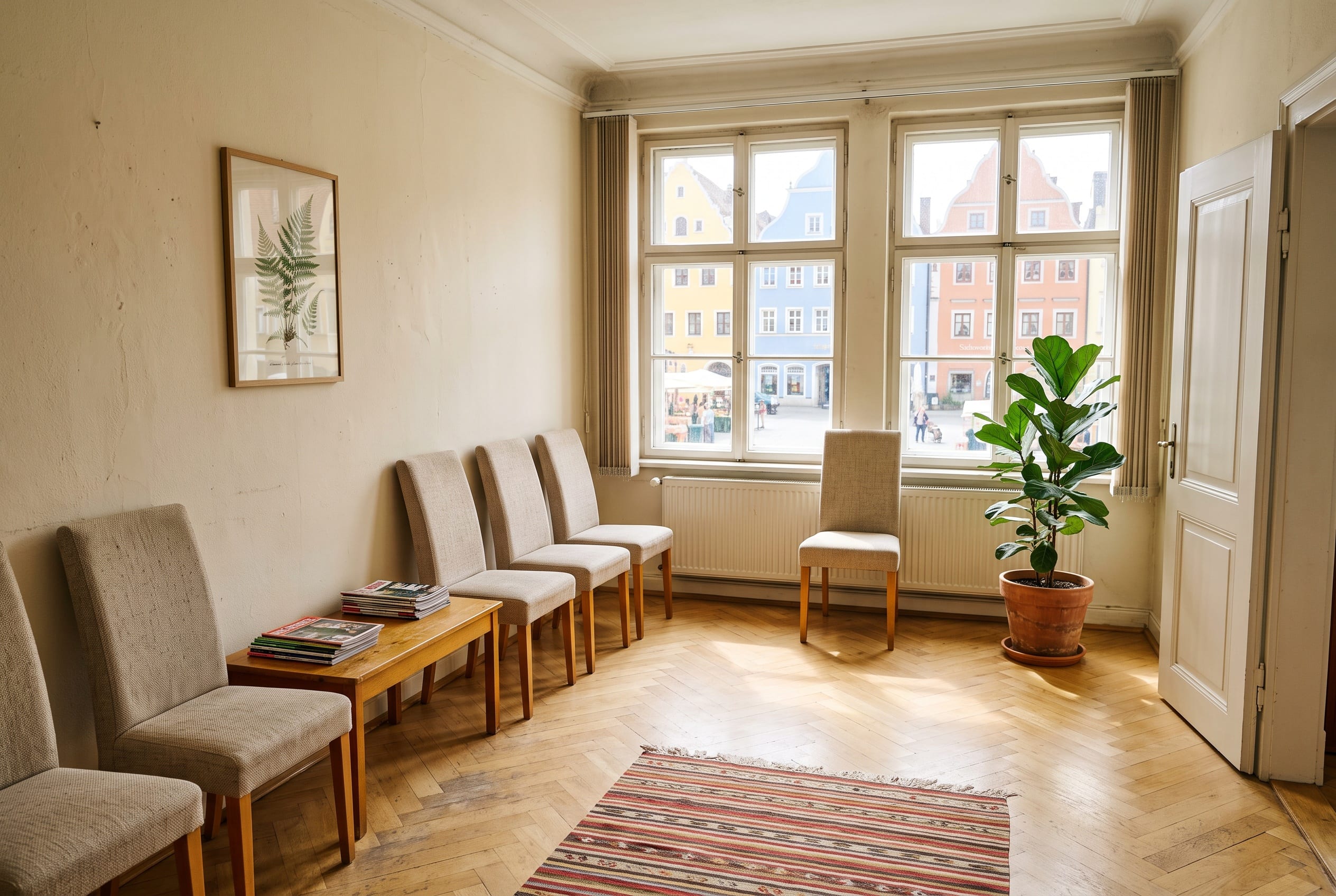 Der Wartebereich der Praxis mit Fenstern zum Rathausplatz