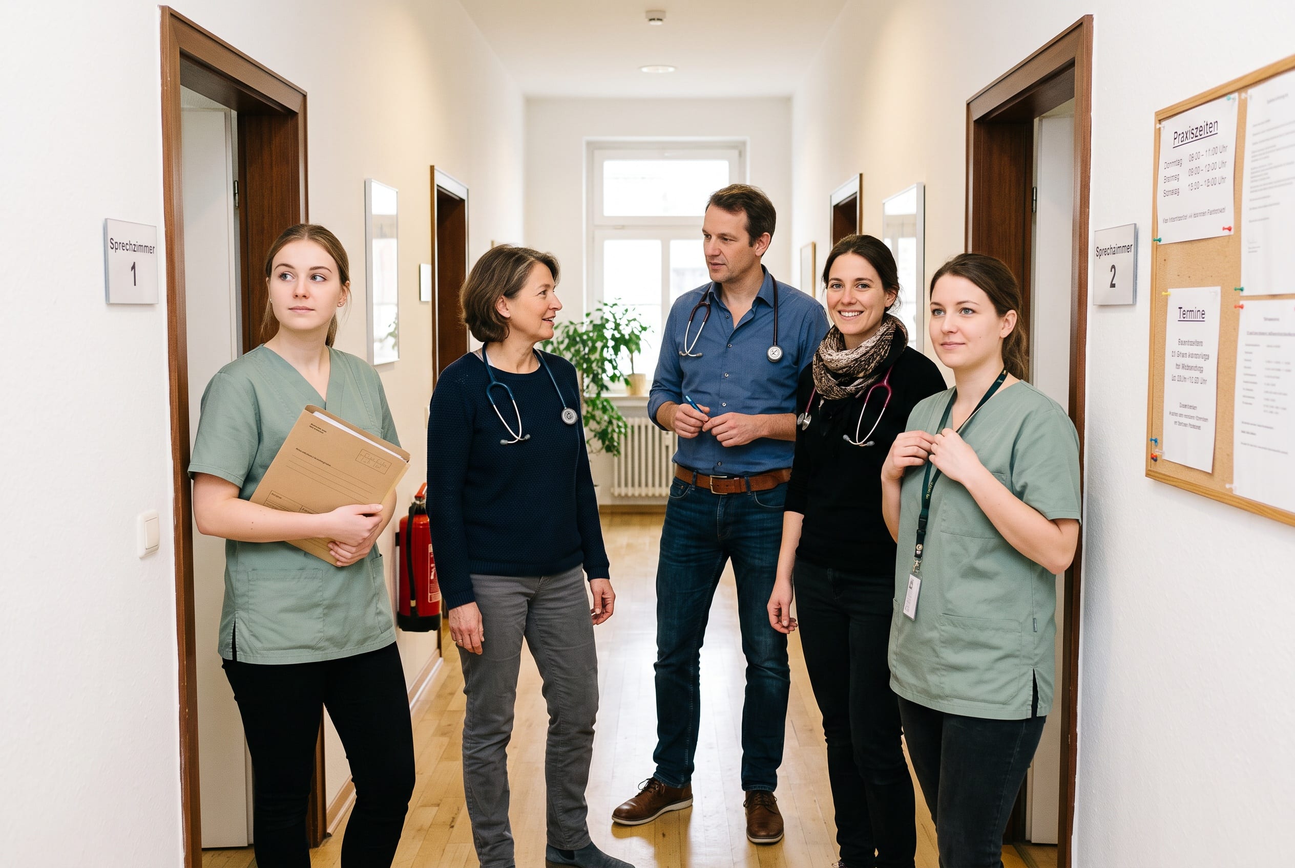 Ärztinnen, Arzt und medizinische Fachangestellte im Flur zwischen den Behandlungszimmern